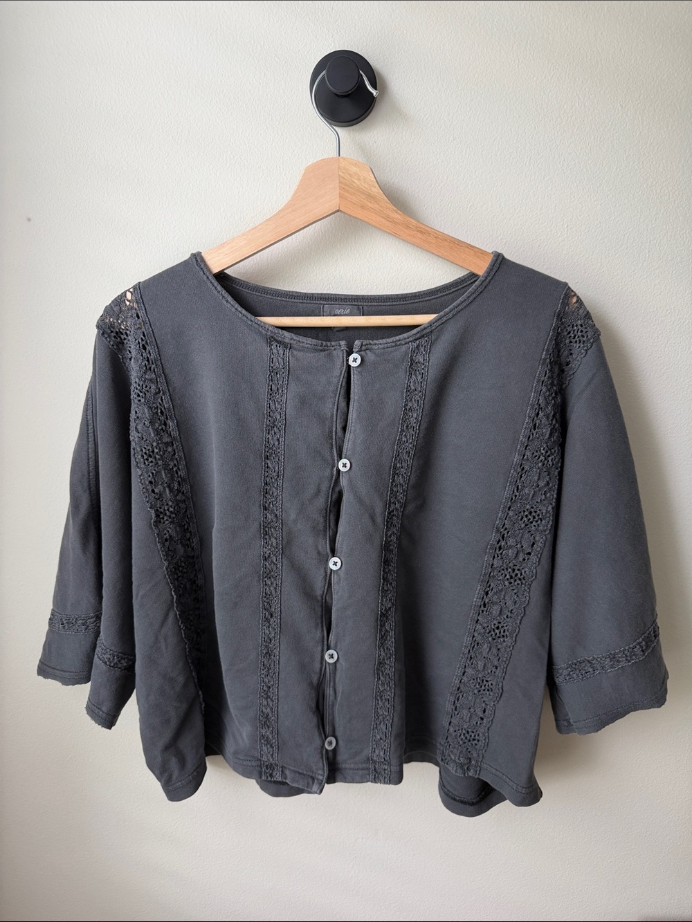 Woven Lace-Panel Button-Front Top in Charcoal